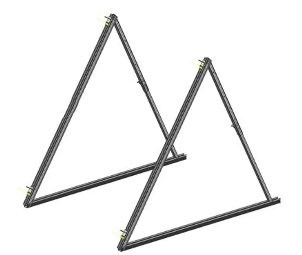 Zwei aufrecht stehende Flachdachständer in Dreiecksform, aus Metall gefertigt, mit klaren Linien und gelben Befestigungselementen, gefertigt von Remeha.